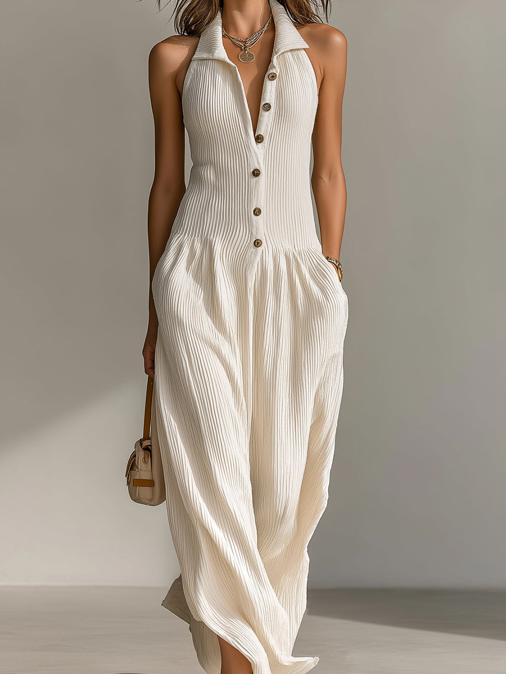 Chic Elegant Cream White Lapel Collar Button-Front Sleeveless Tailored Waist Loose-Fit Ribbed Knit Maxi Dress