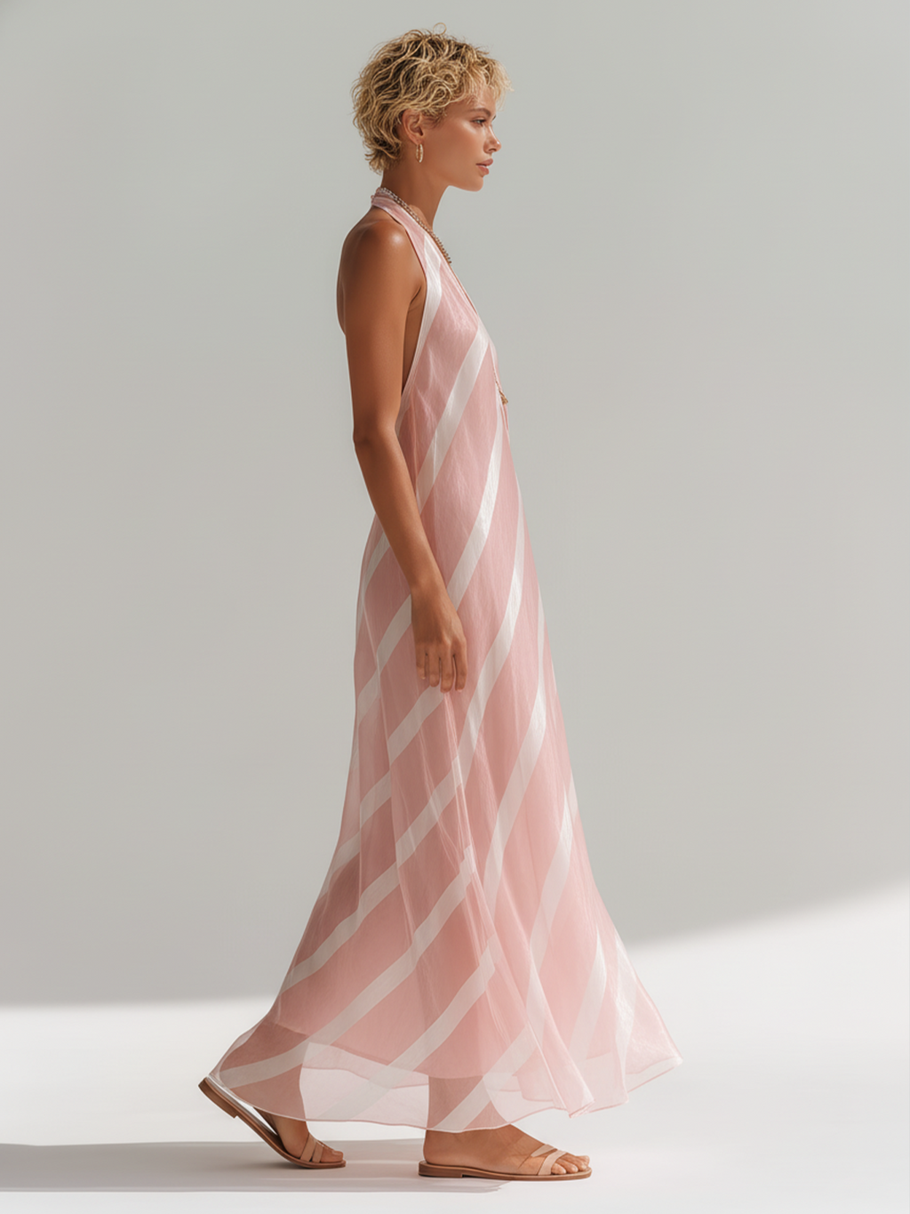 Chic Elegant Pink White Color-Blocked Halter V-Neck Sleeveless Loose A-Line Chiffon Maxi Dress