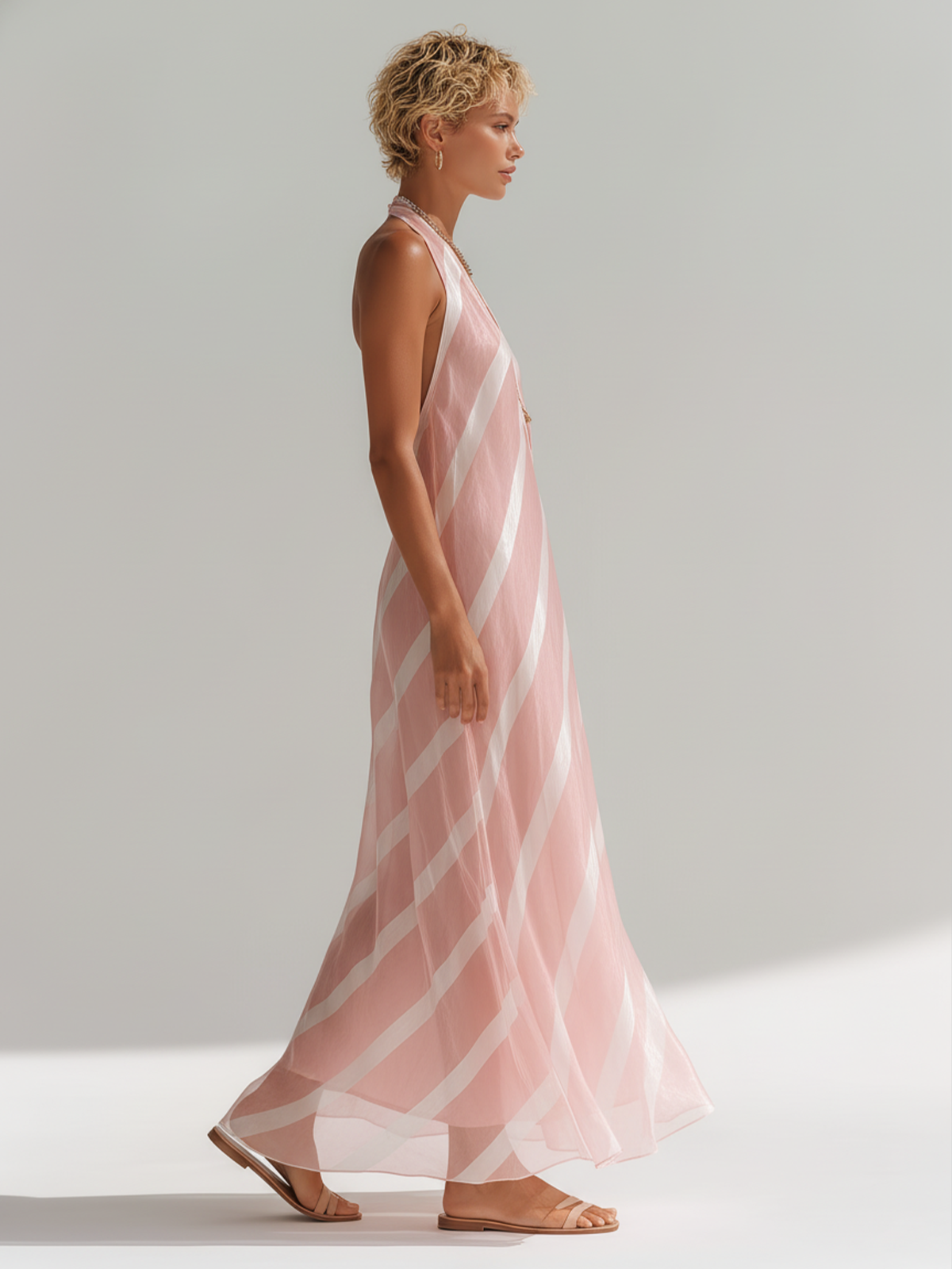 Chic Elegant Pink White Color-Blocked Halter V-Neck Sleeveless Loose A-Line Chiffon Maxi Dress
