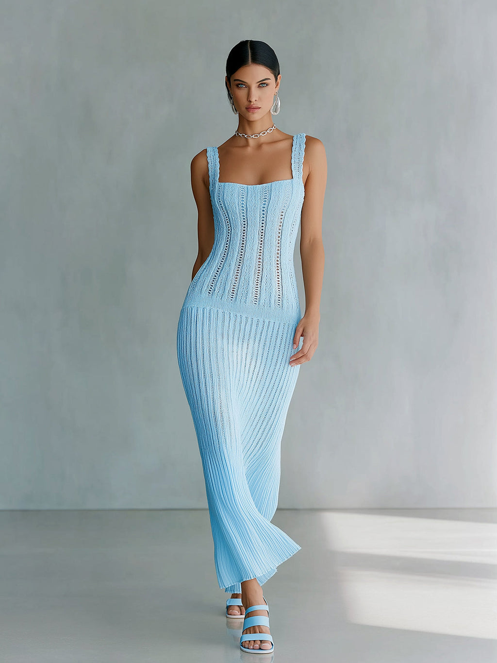 Chic Elegant Blue Square Neck Sleeveless Slim-Fit Hollow Ribbed Knit Holiday Maxi Dress