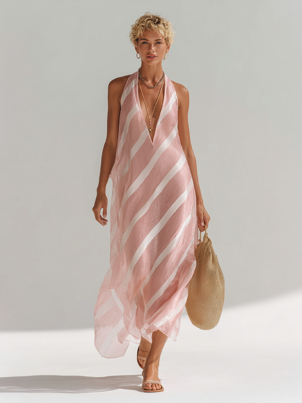 Chic Elegant Pink White Color-Blocked Halter V-Neck Sleeveless Loose A-Line Chiffon Maxi Dress