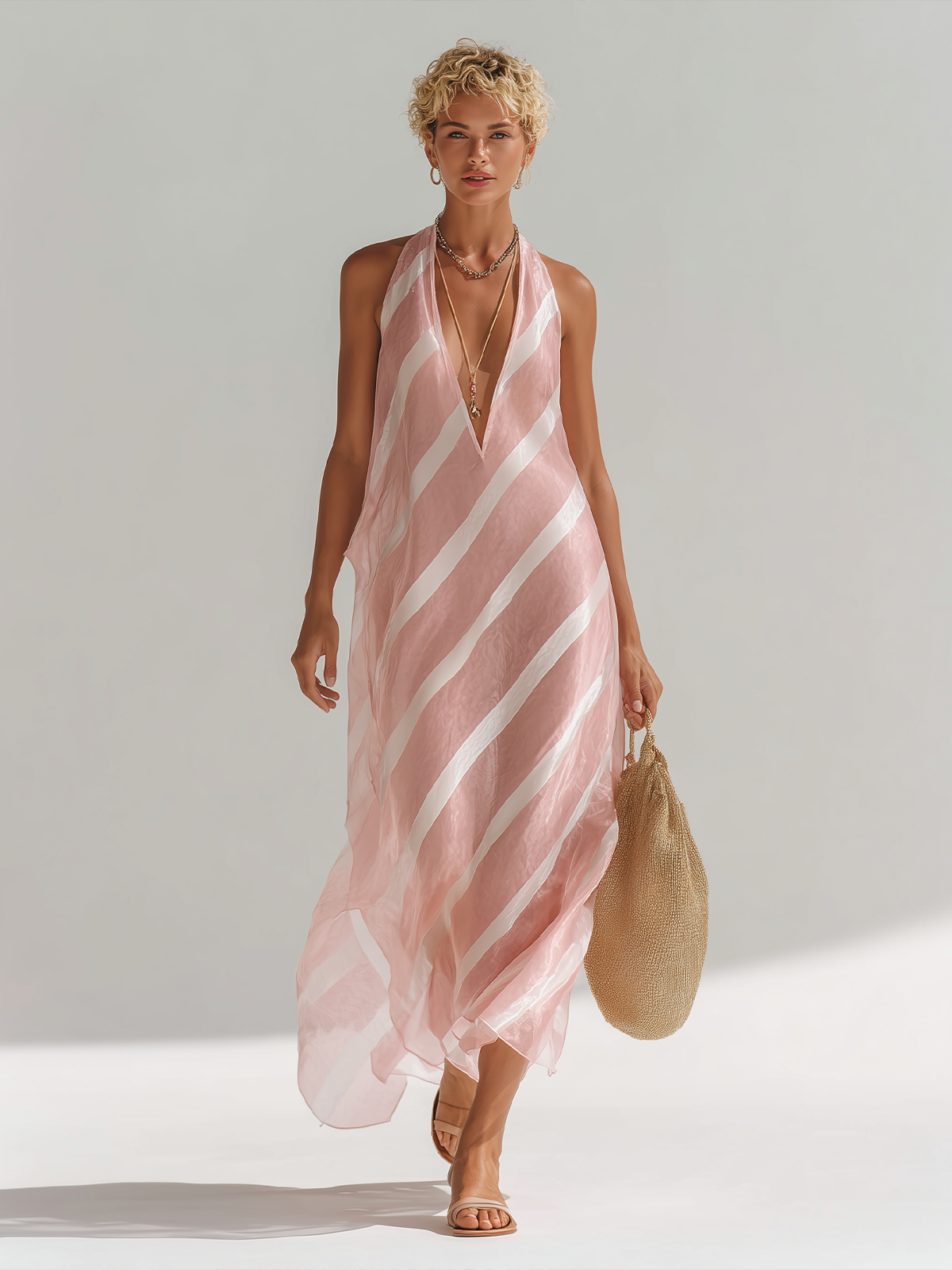 Chic Elegant Pink White Color-Blocked Halter V-Neck Sleeveless Loose A-Line Chiffon Maxi Dress