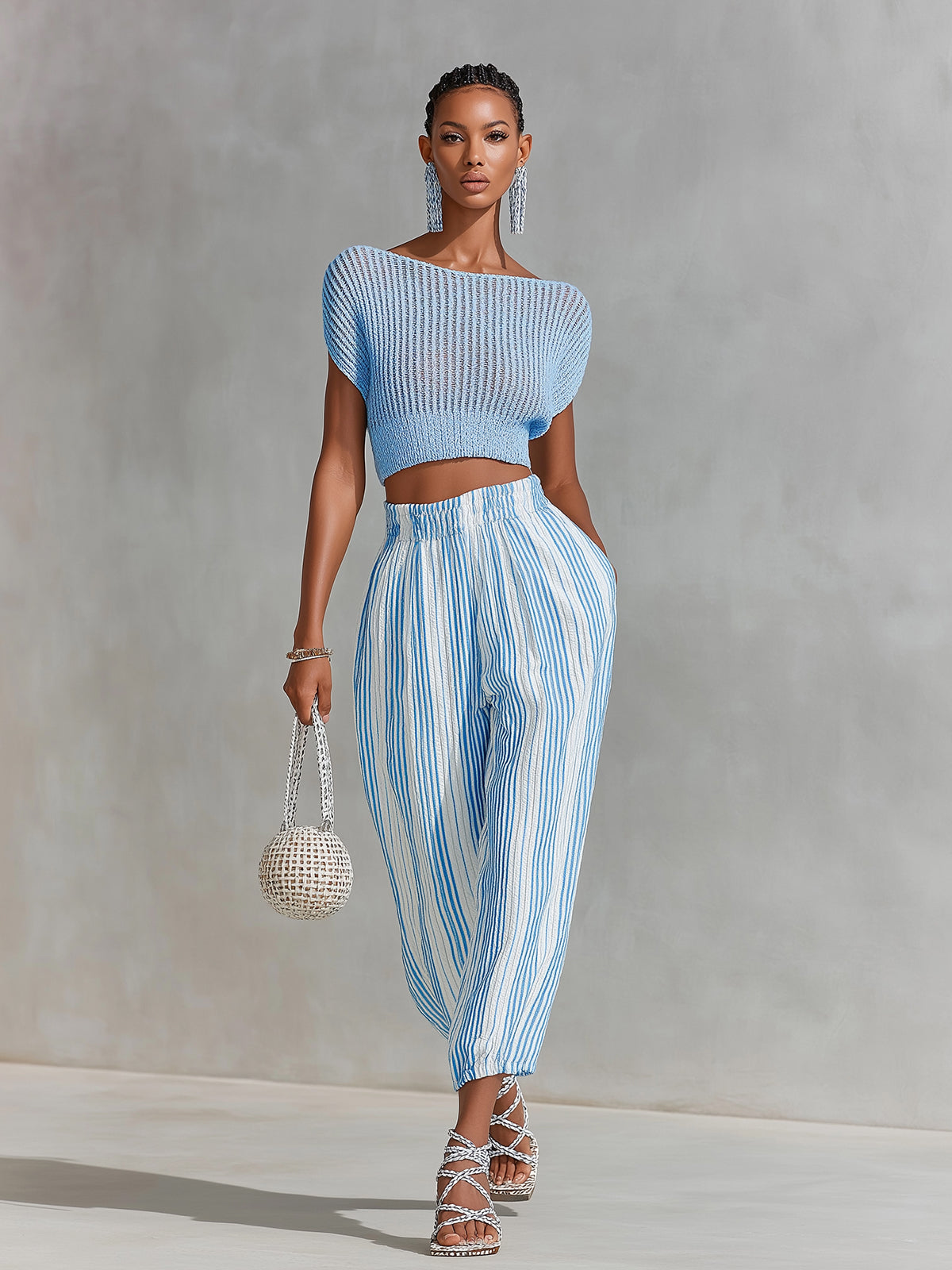 Chic Elegant Blue Short-Sleeve Loose-Fit Mesh Knit Top Blue-White Stripes Cotton Blend Cuffed Pants Two-Piece Set