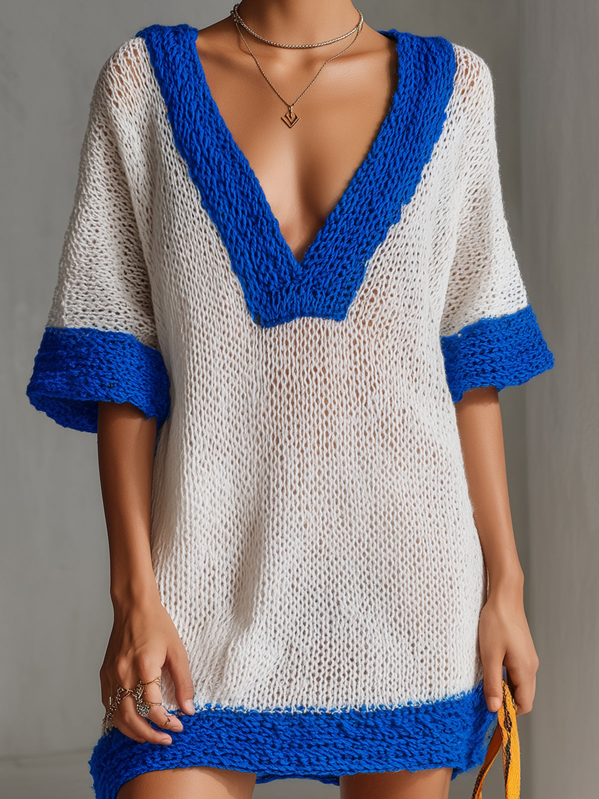 Chic Elegant Royal Blue-White Colorblock Deep V-Neck Short-Sleeve Loose-Fit Knit Mini Dress