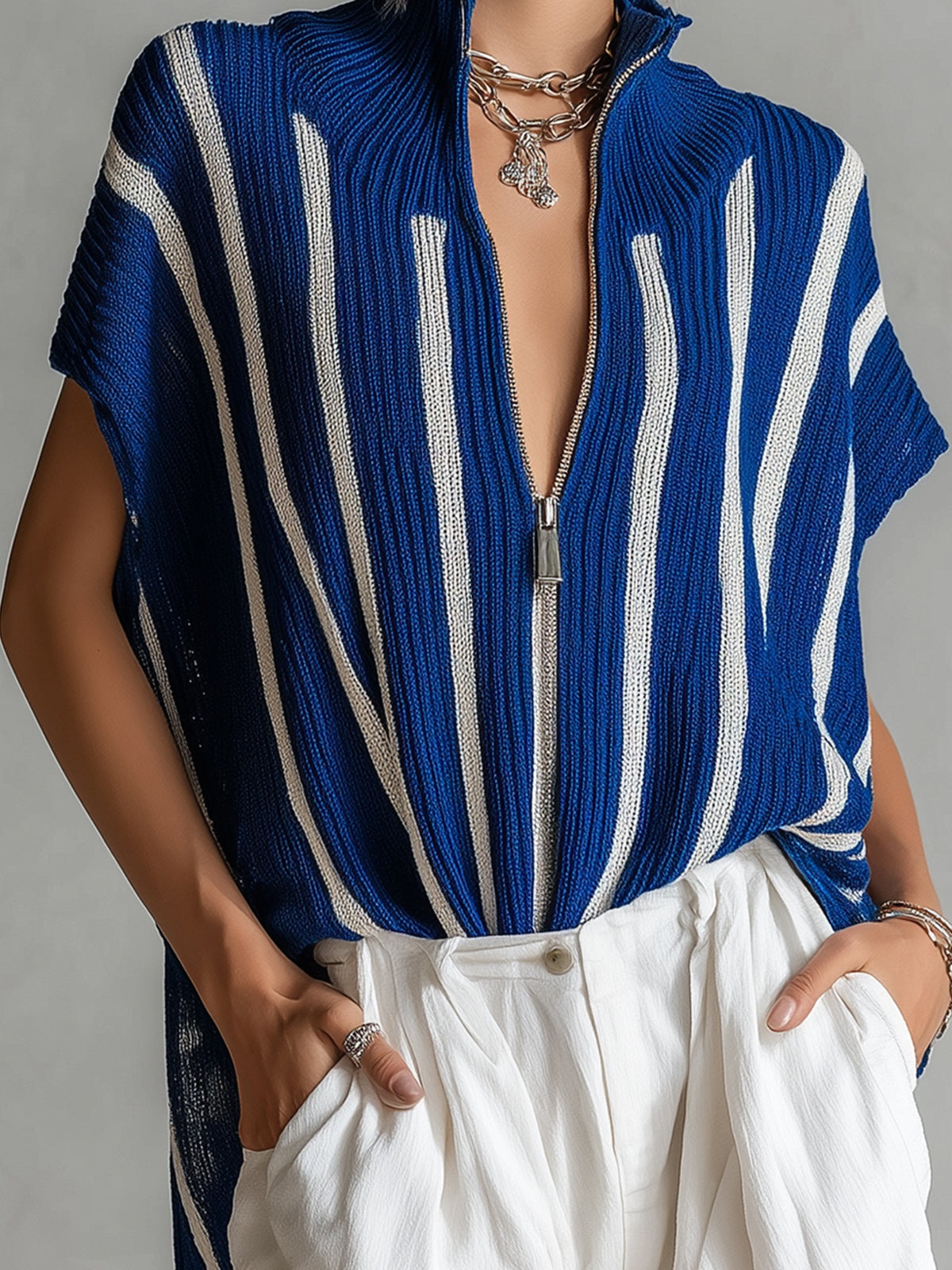 Chic Casual Royal Blue-White Striped Zipper-Up Stand Collar Loose-Fit Asymmetrical Hem Knit Vest Top