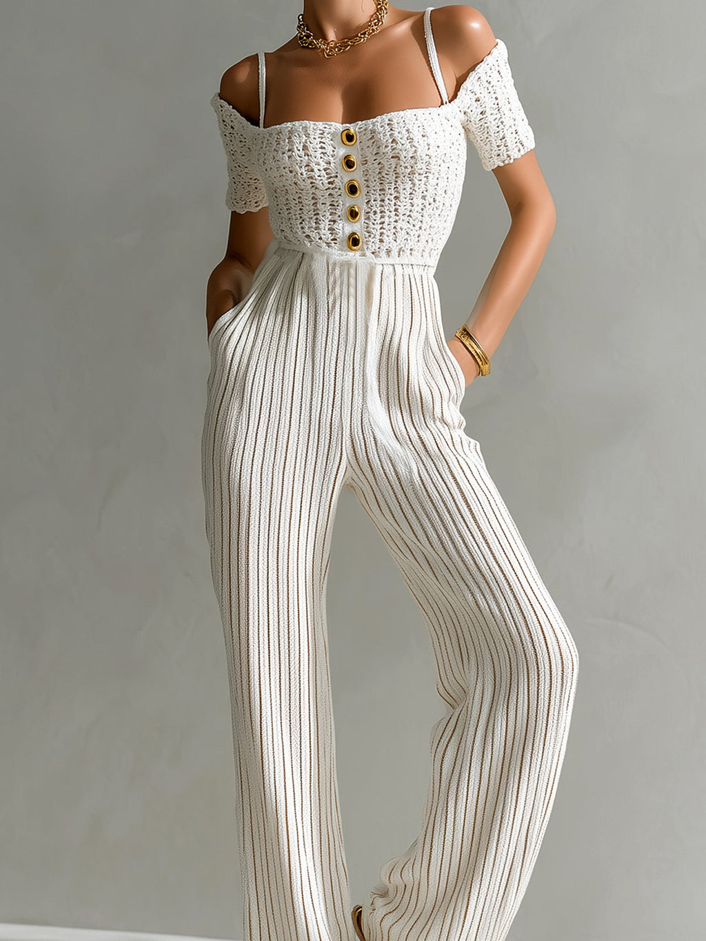 Chic Elegant White Off-The-Shoulder Square Neck Short-Sleeve Gold Button Detail Tailored Waist Wide Leg Crochet Ribbed Knit Jumpsuit
