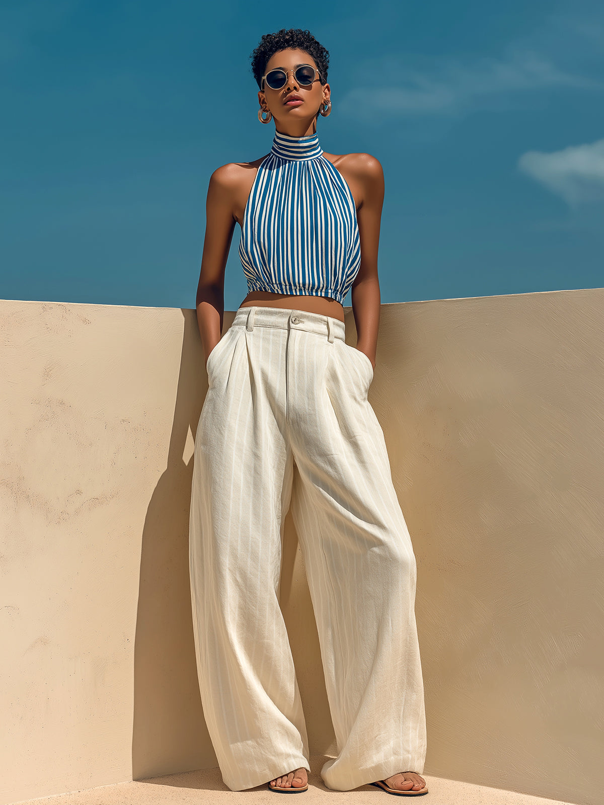 Chic Elegant Blue-White Mock-Neck Sleeveless Tank Top Beige Wide-Leg Pants Stripes Cotton Linen Blend Two-Piece Set