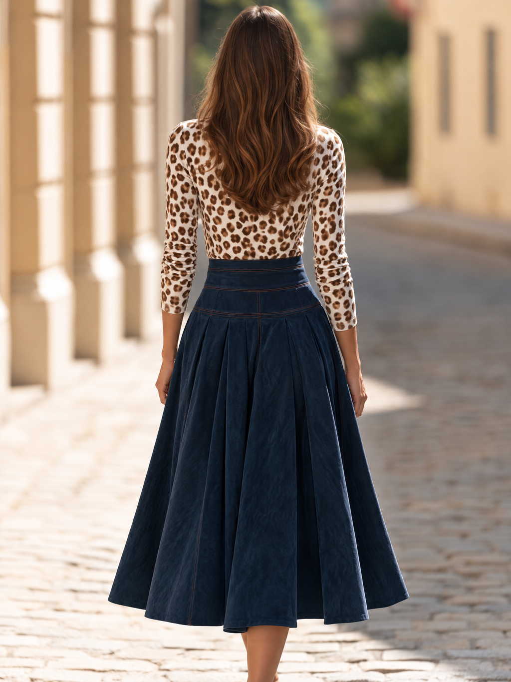 Vacation-style Leopard Print Long-sleeve Crew-neck Top And A-line Skirt Set