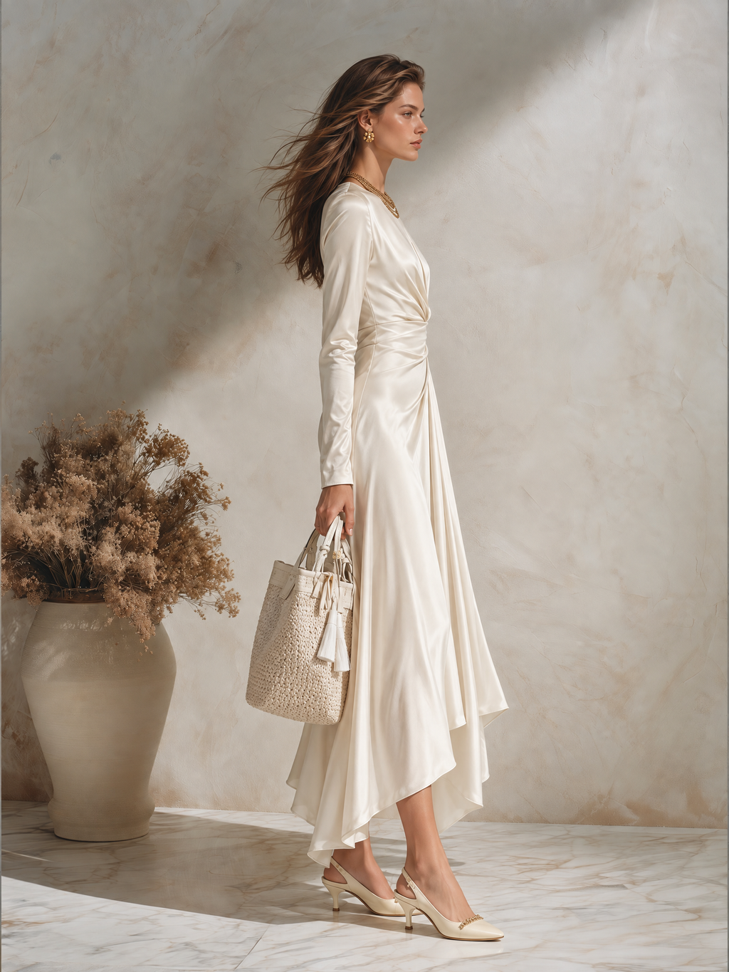 Resort-style Round Neck Long-sleeved Pleated Solid Color Midi Dress