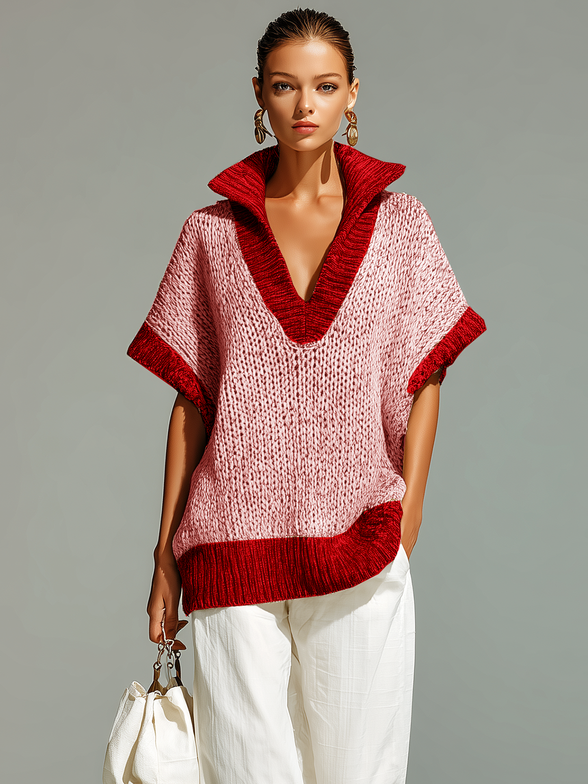 Fashion Casual Beige Stand-Collar Colorblock Loose Sleeveless Knit Vest