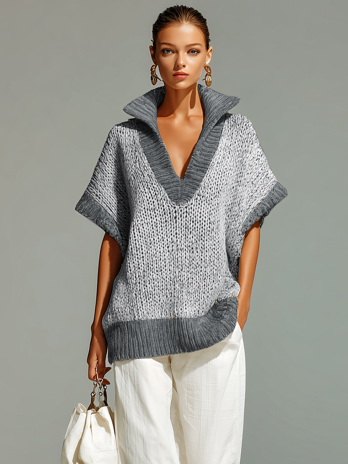 Fashion Casual Beige Stand-Collar Colorblock Loose Sleeveless Knit Vest