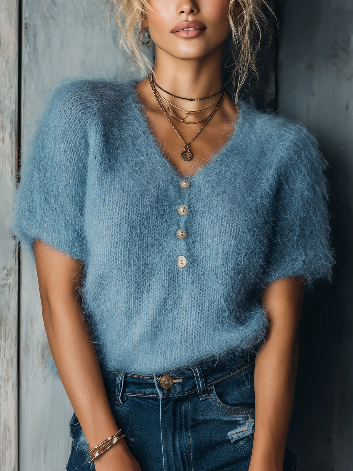 Chic Casual Haze Blue V-Neck Short-Sleeve Button-Front Loose-Fit Fuzzy Knit Sweater Top