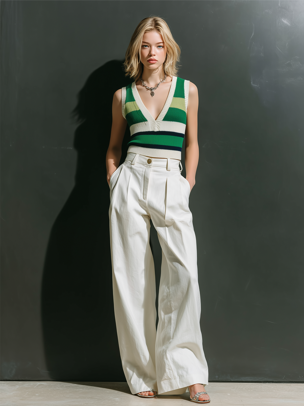 Chic Casual Green-White V-Neck Sleeveless Slim-Fit Vest White Cotton-Linen Blend Wide-Leg Pants Two-Piece Set