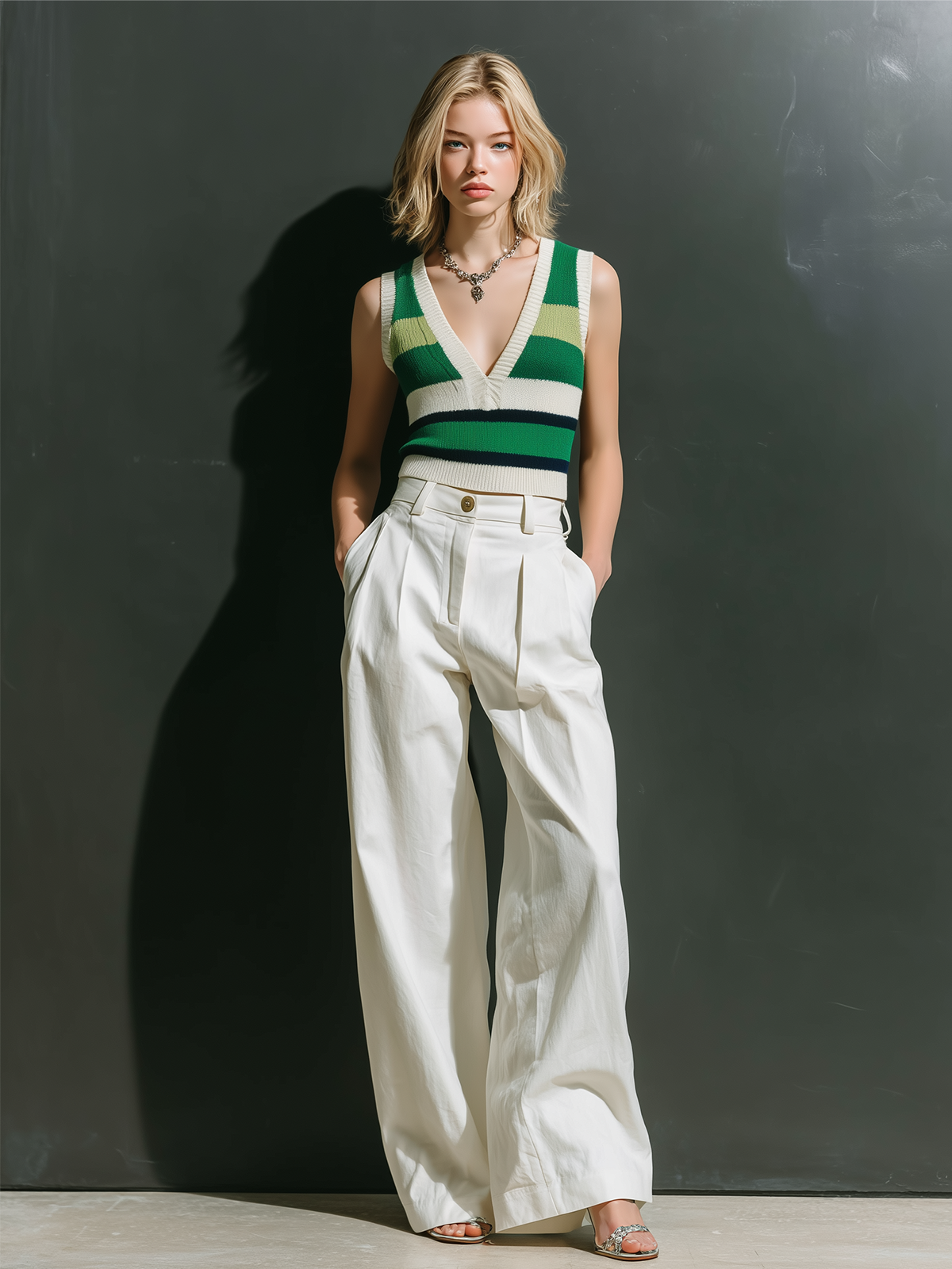 Chic Casual Green-White V-Neck Sleeveless Slim-Fit Vest White Cotton-Linen Blend Wide-Leg Pants Two-Piece Set