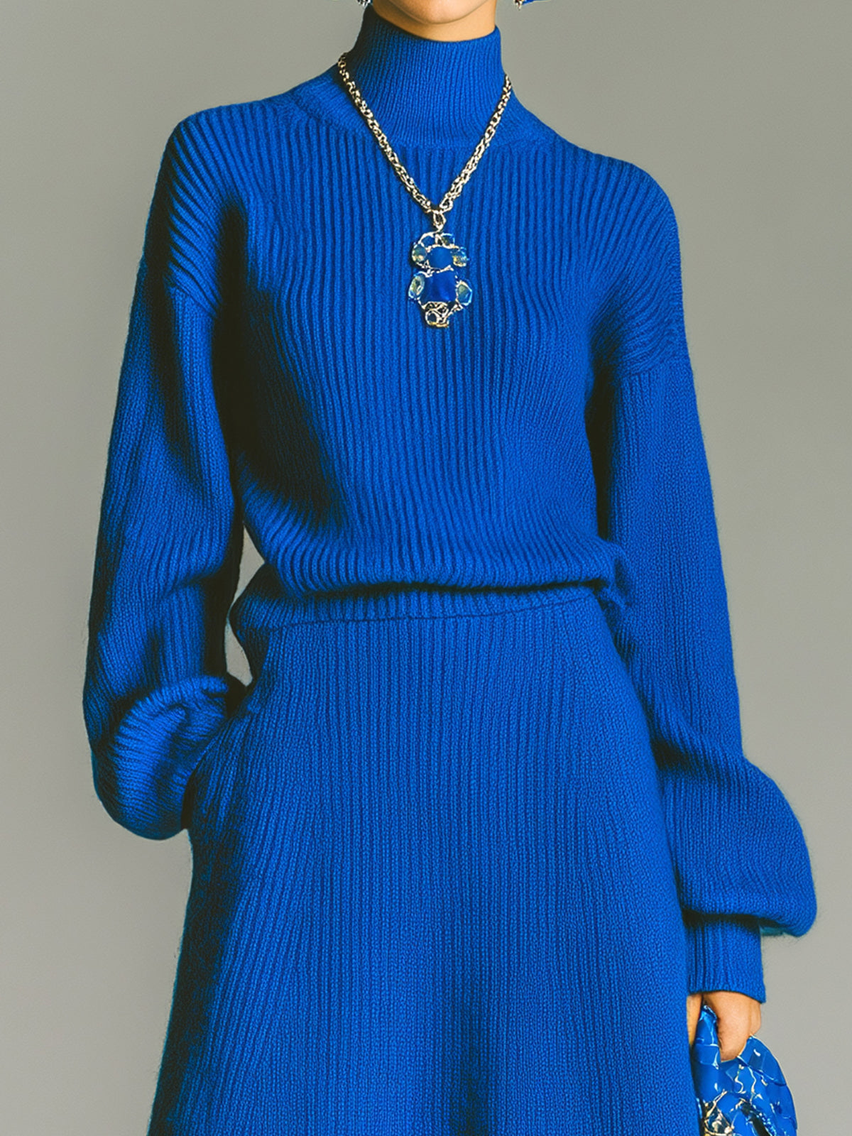 Chic Elegant Turtleneck Long-Sleeved Sweater Elastic Waist Maxi Skirt Knit Warm Two-Piece Set