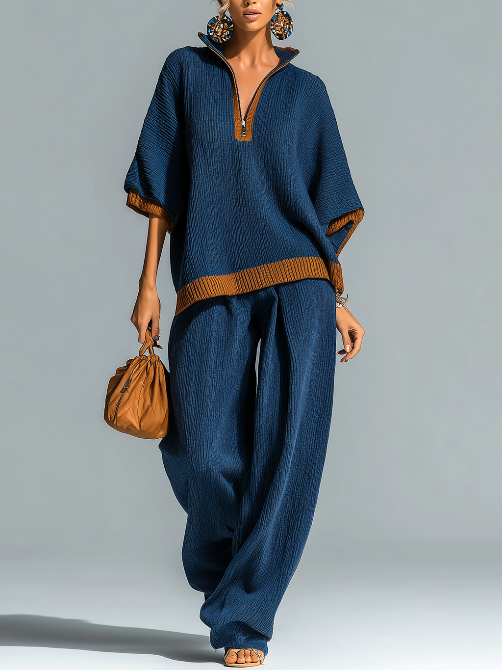 Fashion Casual Navy Blue Colorblock Stand-Collar Zipper-Front Short-Sleeve Loose Sweater Wide-Leg Pants Knit Two-Piece Set