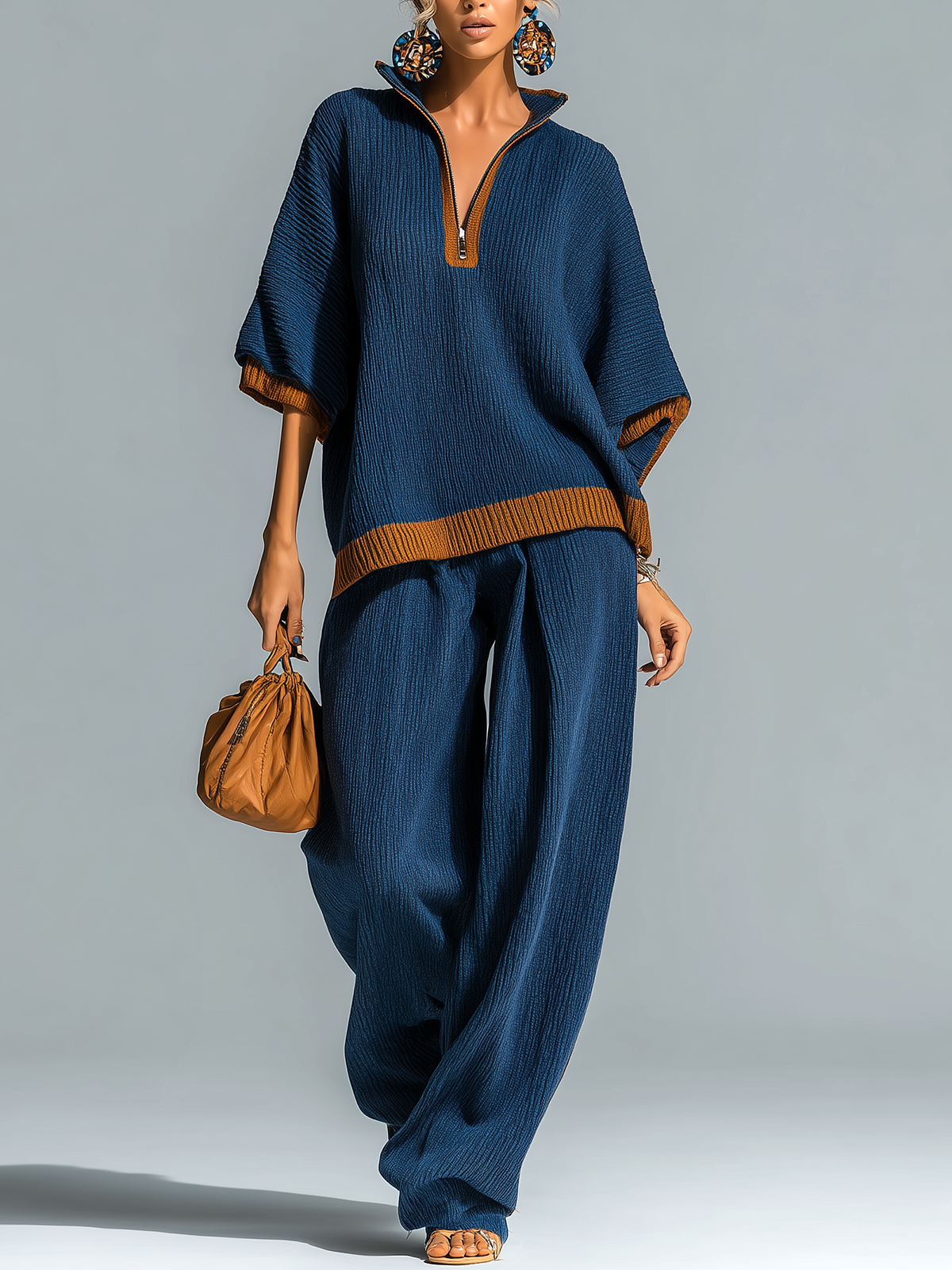 Fashion Casual Navy Blue Colorblock Stand-Collar Zipper-Front Short-Sleeve Loose Sweater Wide-Leg Pants Knit Two-Piece Set