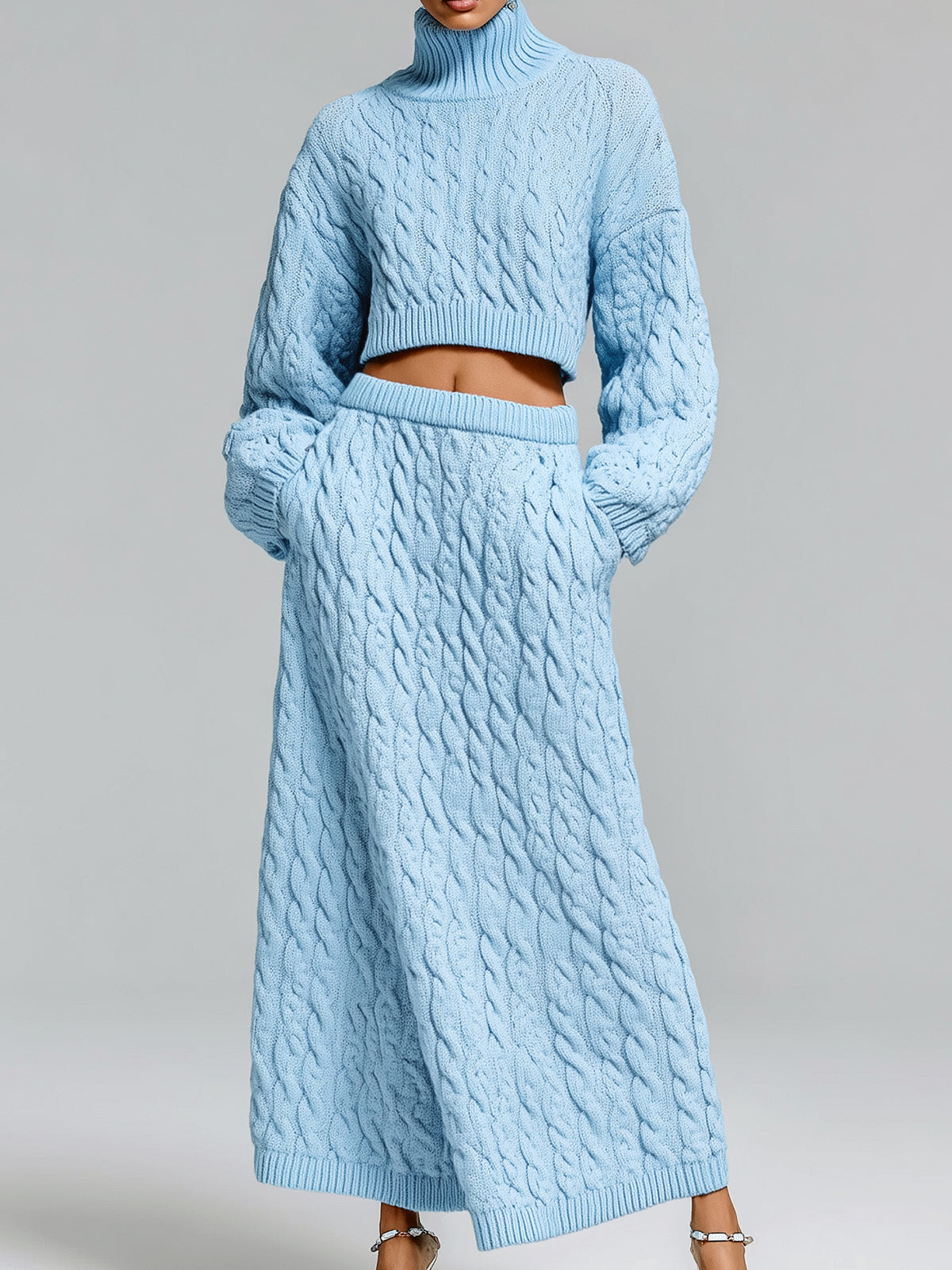 Chic Vintage Baby Blue Turtle Neck Oversized Long-sleeve Mini Sweater A-Line Skirt Cable-Knit Two-piece Set
