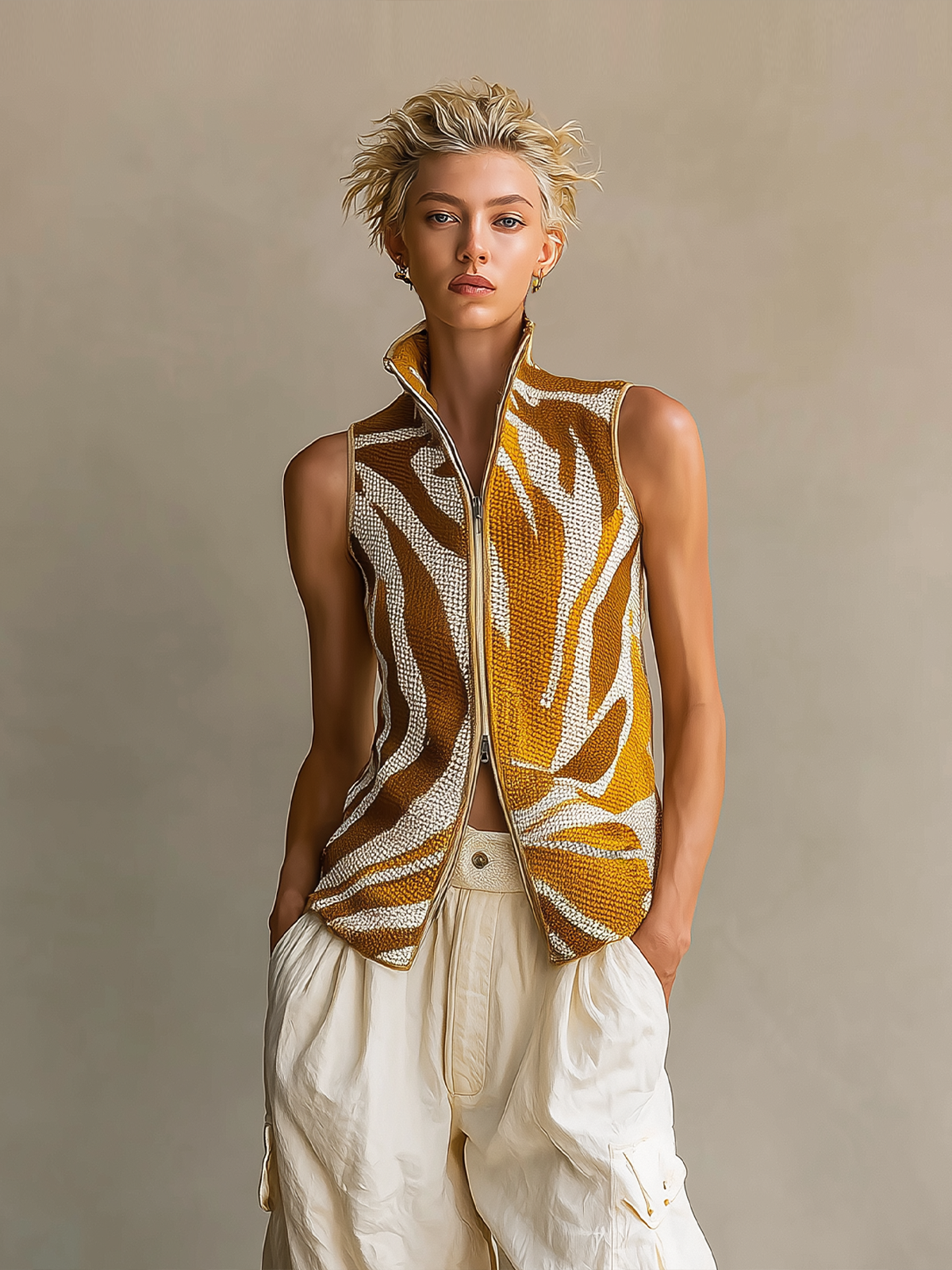 Chic Vintage Yellow-White Colorblock Jacquard Stand-Collar Sleeveless Zipper-Front Knit Vest