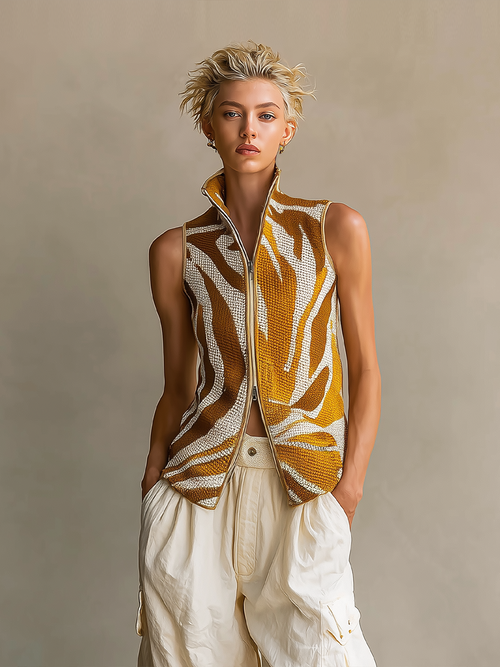 Chic Vintage Yellow-White Colorblock Jacquard Stand-Collar Sleeveless Zipper-Front Knit Vest