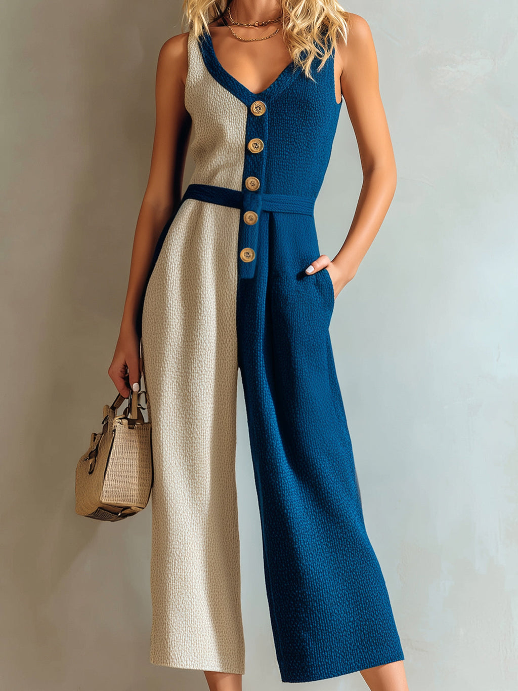 Chic Elegant Dark Blue-Beige Colorblock V-Neck Sleeveless Button-Front Loose-Fit Knit Cropped Jumpsuit