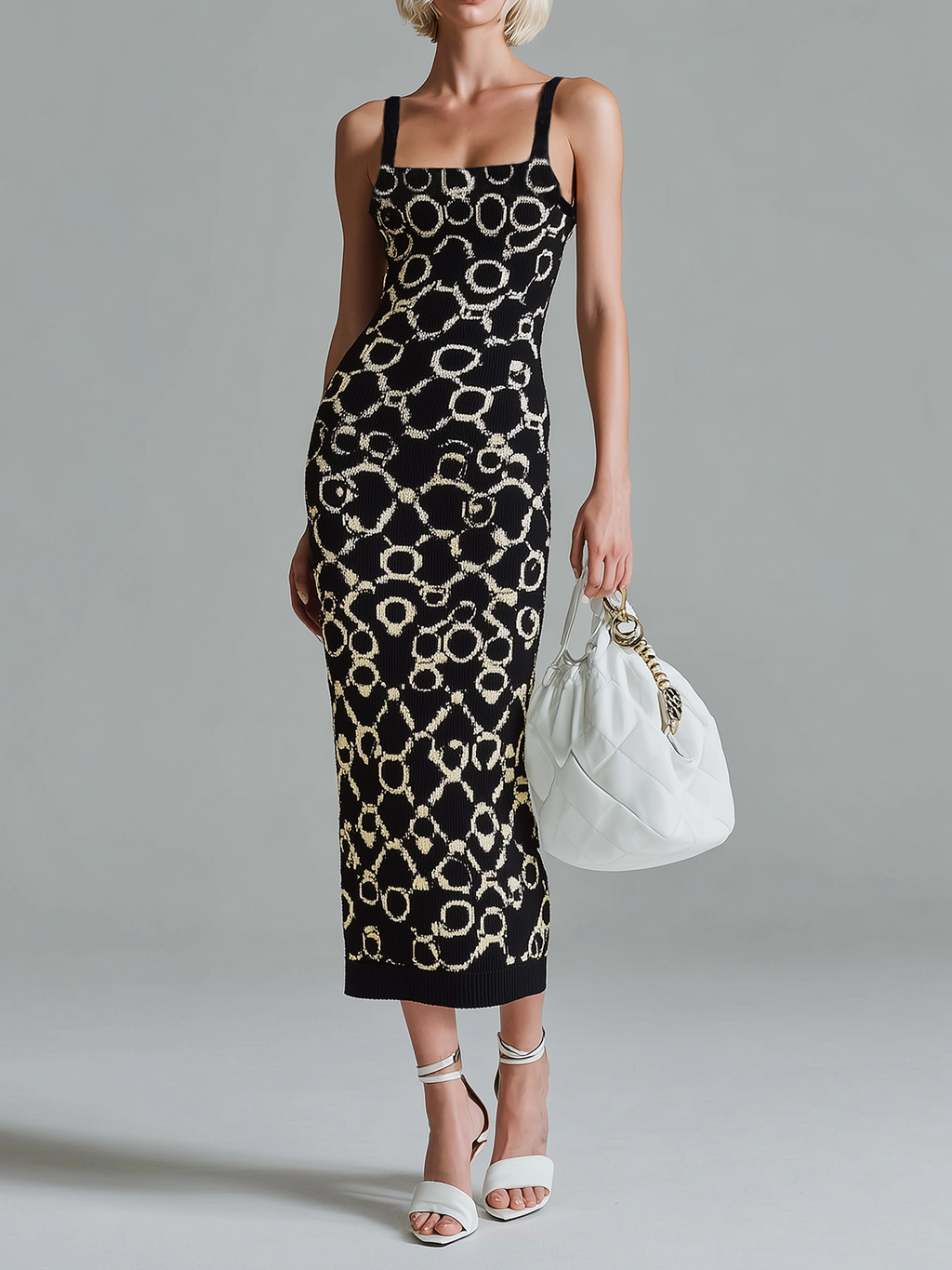 Fashion Retro Black And White Geometric Pattern Jacquard Sleeveless Slim-fit Bodycon Ribbed Knit Midi Dress