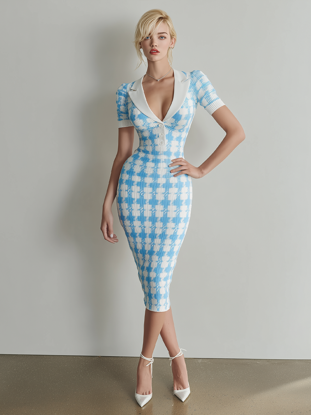 Stylish Elegant Blue-White Colorblock Jacquard Short-Sleeved Button-Up Peaked Collar  Slim-Fit Bodycon Knit Midi Dress