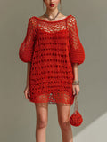 Chic Elegant Red Boat Neck Half Lantern Sleeve Loose-Fit Hollow Knit Mini Dress (Inner Slip Dress Included)