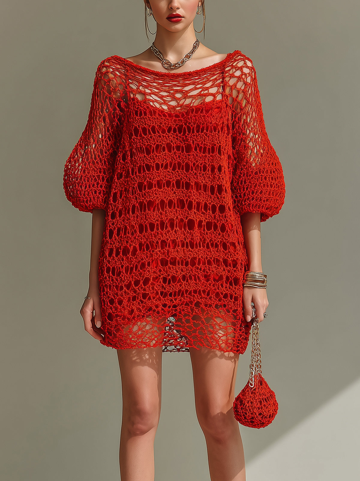 Chic Elegant Red Boat Neck Half Lantern Sleeve Loose-Fit Hollow Knit Mini Dress (Inner Slip Dress Included)