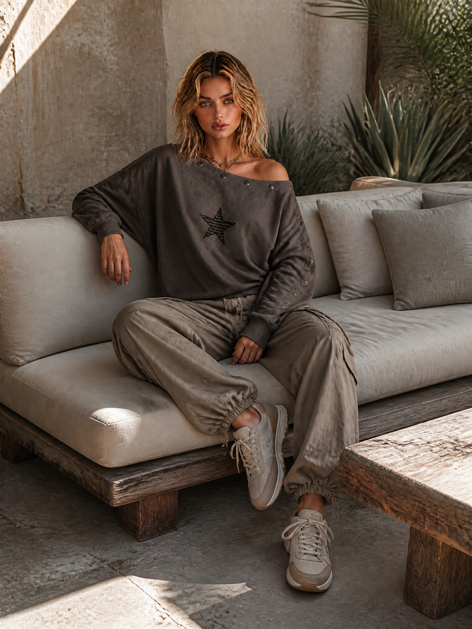 Chic Casual Charcoal Grey Off Shoulder Buttons Trim Star Embroidery Long Sleeve Loose-Fit French Terry Sweatshirt