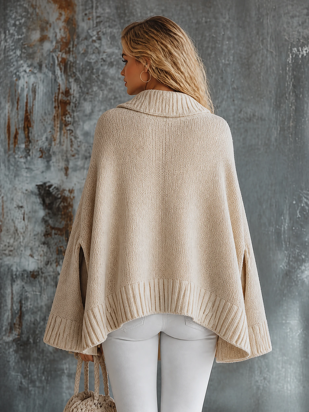 Chic Elegant Oatmeal Beige Lapel Collar Front Zipper Long-Sleeve Loose-Fit Knit Cape Cardigan Top