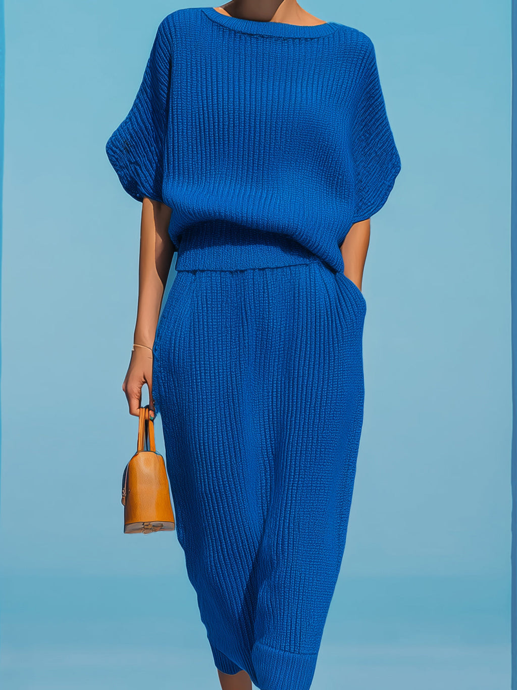 Chic Elegant Royal Blue Boat Neck Short-Sleeve Loose-Fit Sweater And Bodycon Midi Skirt Ribbed Knit Two-Piece Set