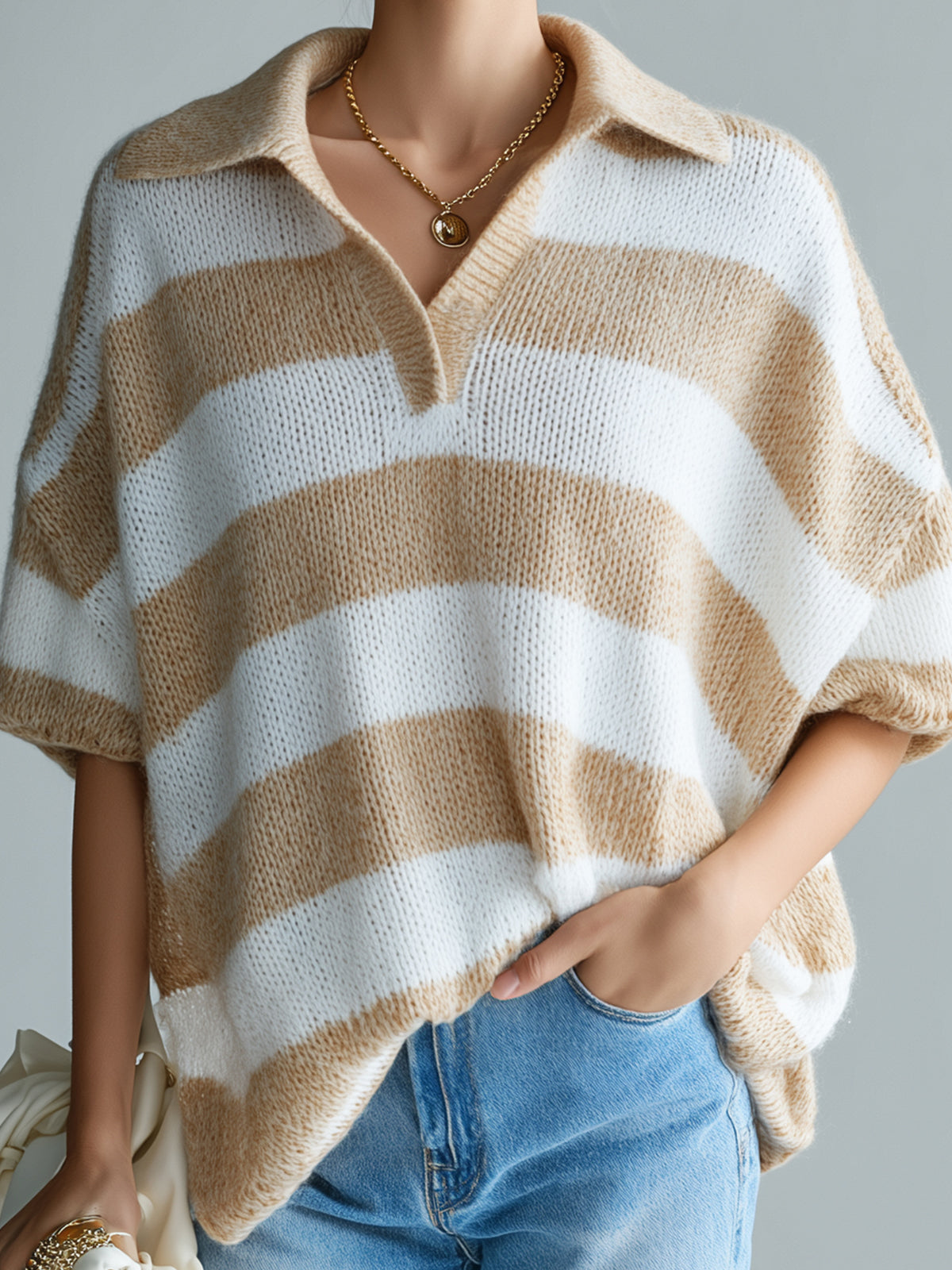 Chic Elegant Camel White Stripes Lapel V-Neck Short-Sleeve Oversize Knit Sweater Top