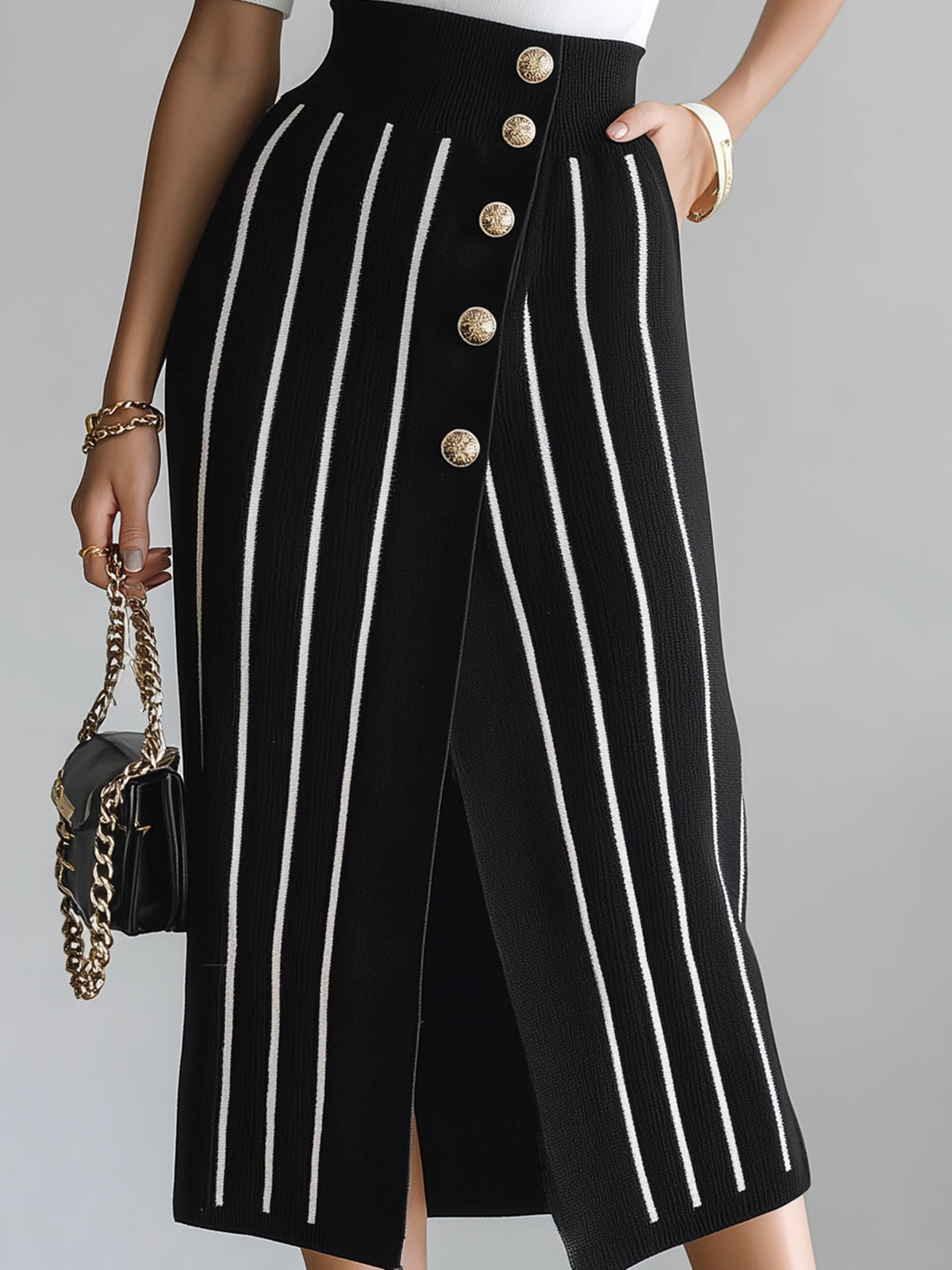 Chic Elegant Black Stripes High Waist Button-Front Slit Bodycon Knit Midi Skirt