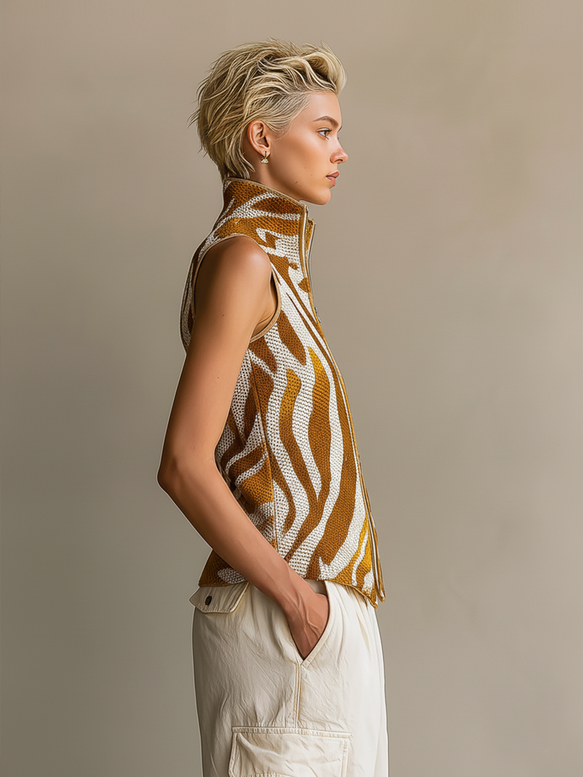Chic Vintage Yellow-White Colorblock Jacquard Stand-Collar Sleeveless Zipper-Front Knit Vest
