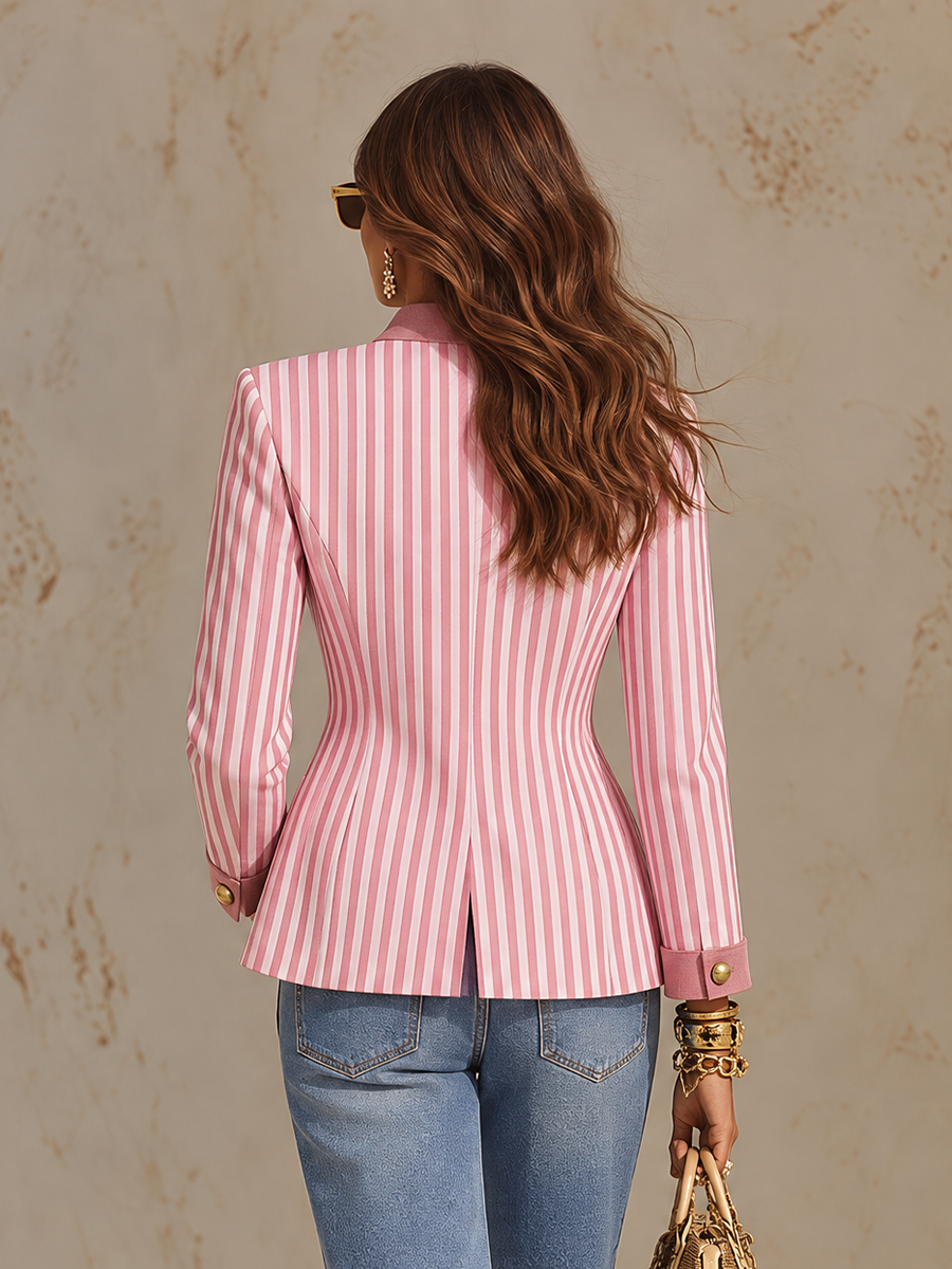 Resort-style Stand-up Collar Striped Long-sleeved Jacket