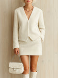Chic Vintage Cream White Faux Fur V-Neck Single-Breasted Loose Jacket Bodyon Mini Skirt Warm Two-Piece Set