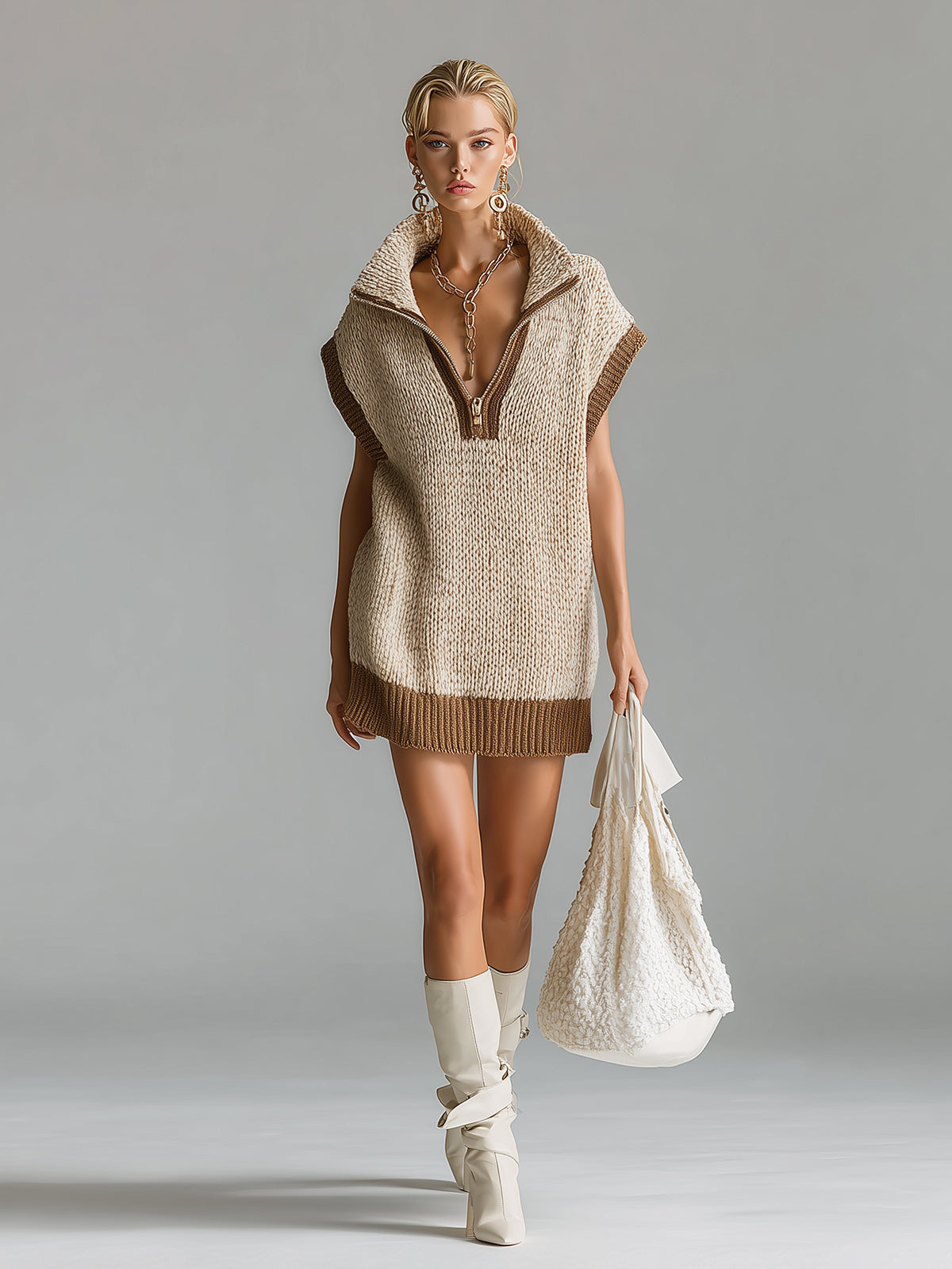 Chic Casual Light Khaki Colorblock Lapel Zipper-Up V-Neck Oversize Knit Mini Dress