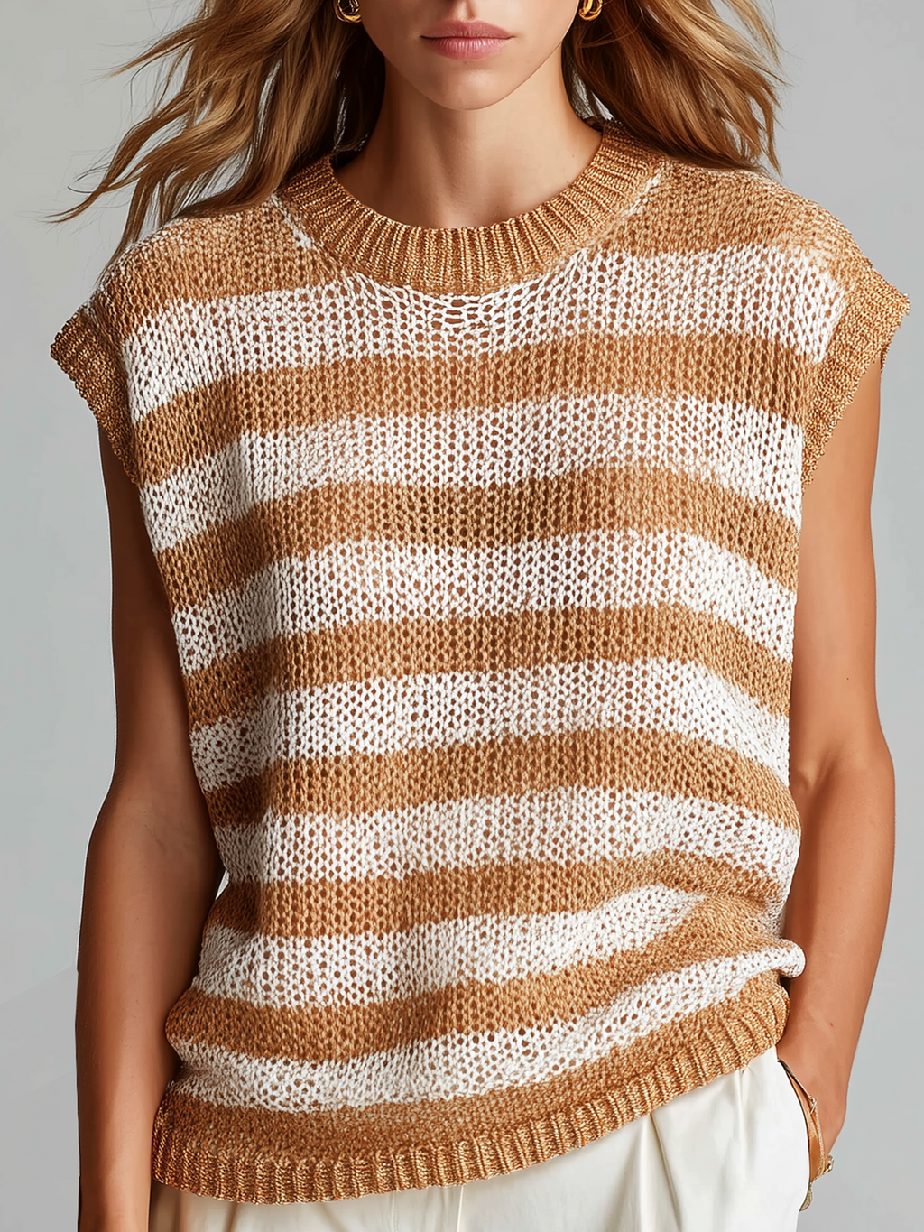 Chic Casual White -Camel Striped Crew Neck Sleeveless Loose-Fit Knit Vest Top