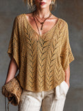 Chic Casual Mustard Yellow V-neck Short-sleeved Loose-Fit Knit Sweater