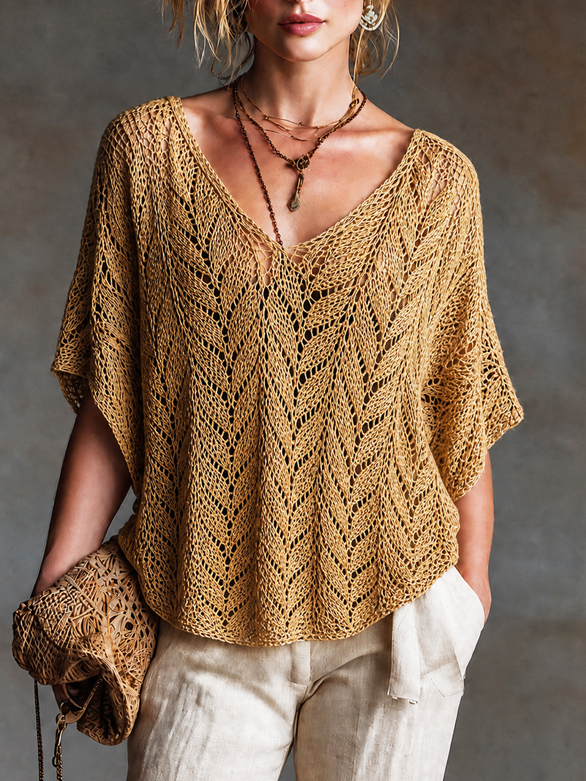 Chic Casual Mustard Yellow V-neck Short-sleeved Loose-Fit Knit Sweater