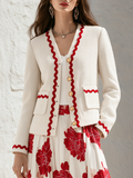 Ivory Textured Tweed Contrast Red Wavy Ric-Rac Trim V-Neck Gold Button Cropped Long Sleeve Retro French Chic Jacket