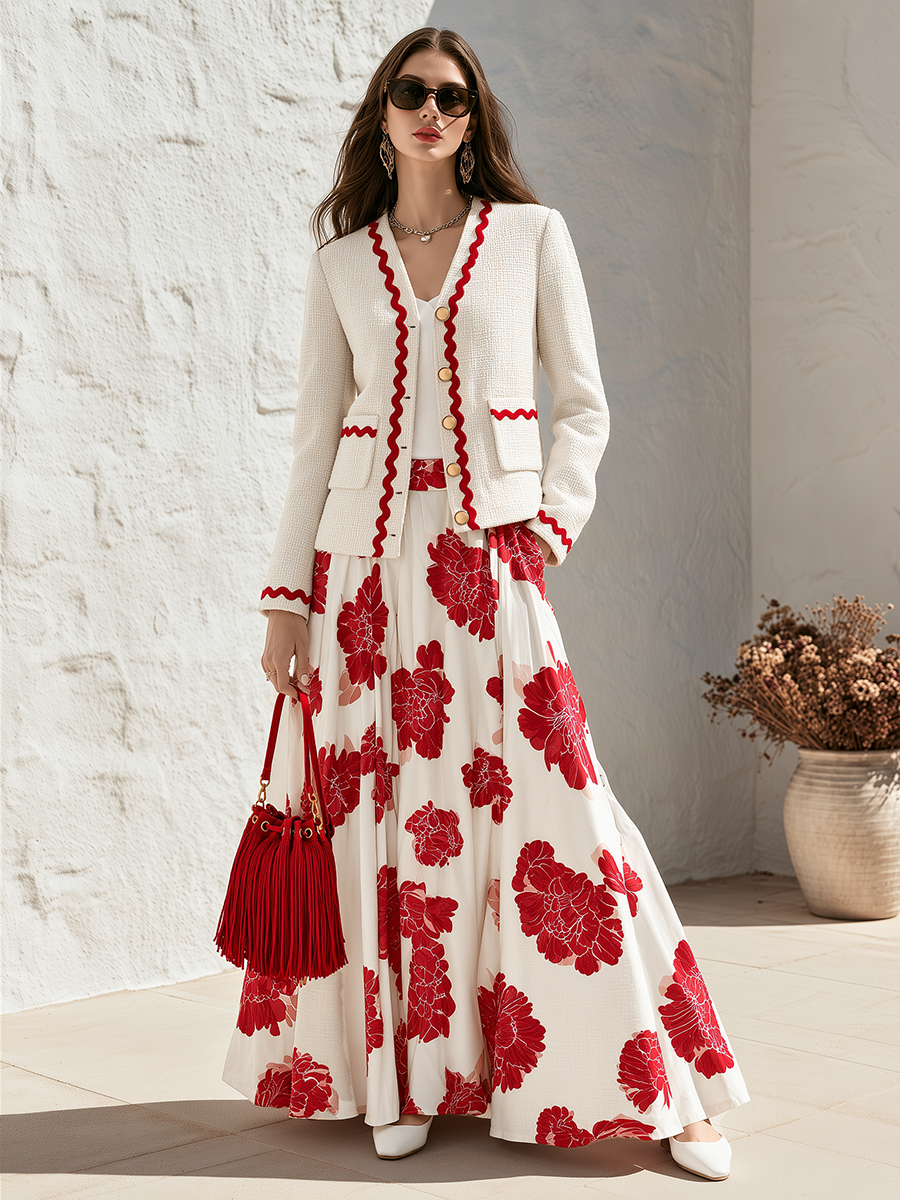 Ivory Textured Tweed Contrast Red Wavy Ric-Rac Trim V-Neck Gold Button Cropped Long Sleeve Retro French Chic Jacket