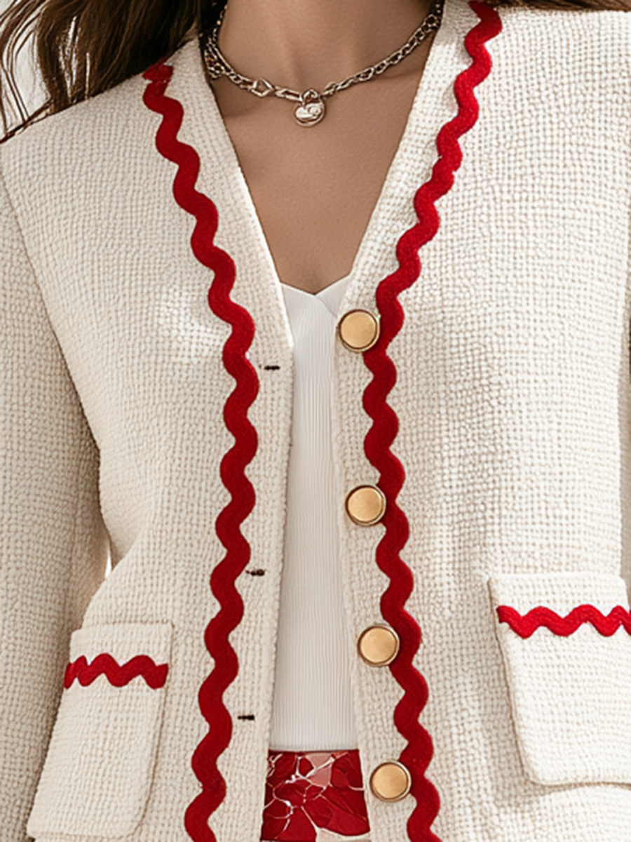 Ivory Textured Tweed Contrast Red Wavy Ric-Rac Trim V-Neck Gold Button Cropped Long Sleeve Retro French Chic Jacket