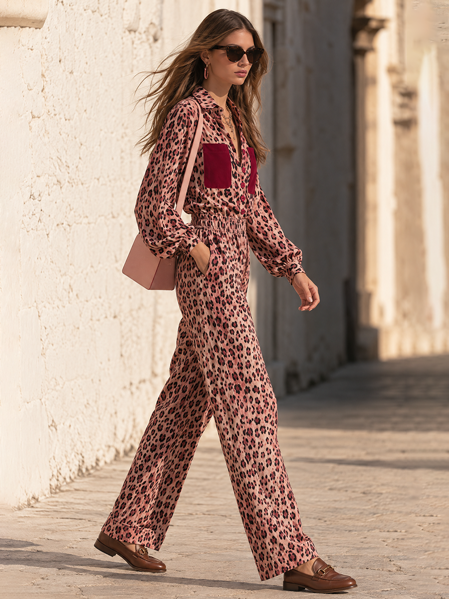 Dusty Rose Leopard Print Contrast Pocket Relaxed Wide-Leg Button-Front Jumpsuit