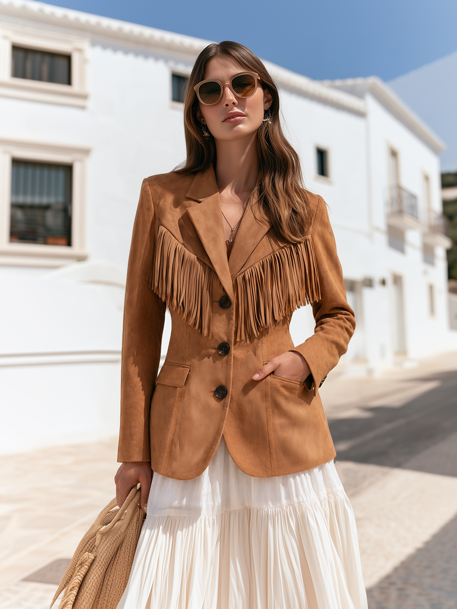 Women Western Retro Chic Notched Lapel Fringe Trim Single Breasted Slim Fit Camel Faux Suede Blazer