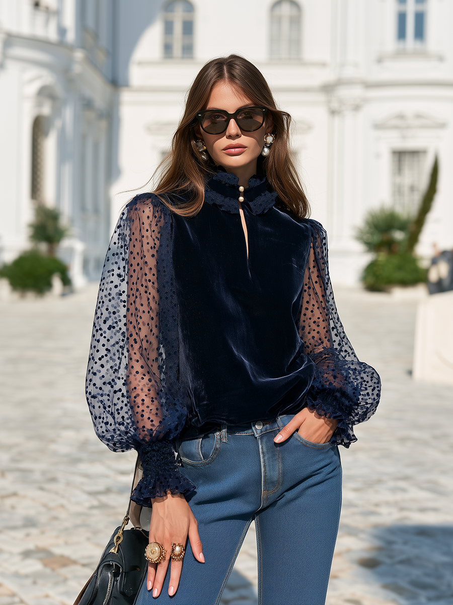 The After-Dark Romance Midnight Navy Velvet-Look And Polka-Dot Mesh Ruffle-Collar Top