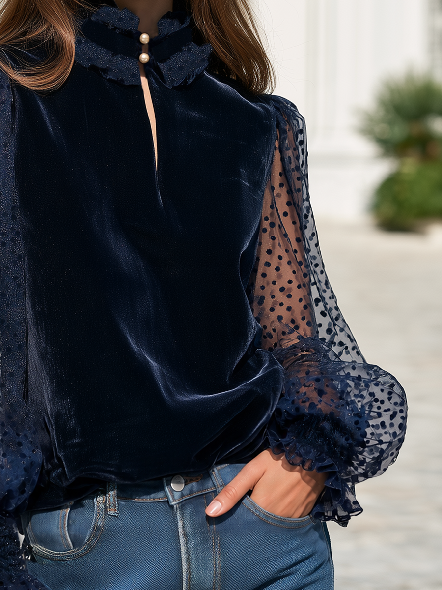 The After-Dark Romance Midnight Navy Velvet-Look And Polka-Dot Mesh Ruffle-Collar Top