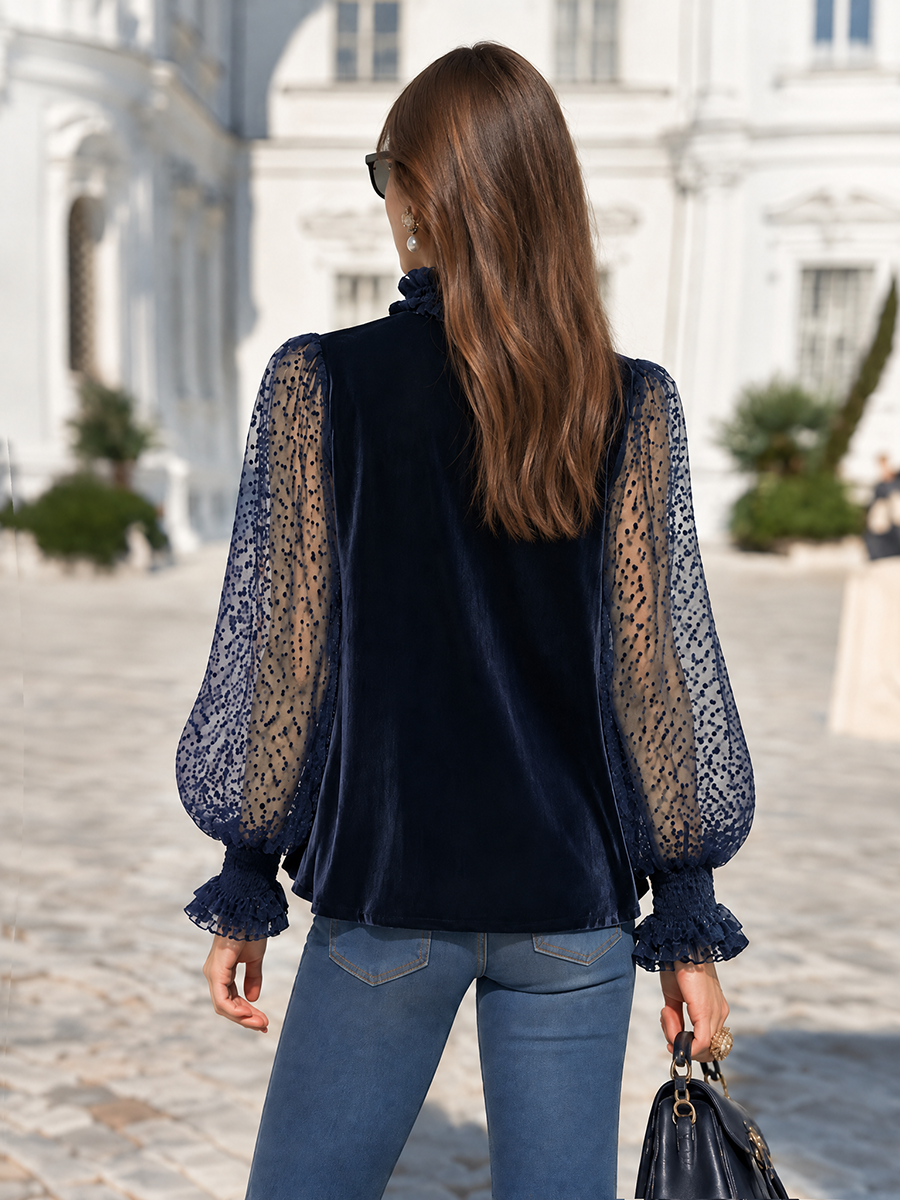 The After-Dark Romance Midnight Navy Velvet-Look And Polka-Dot Mesh Ruffle-Collar Top