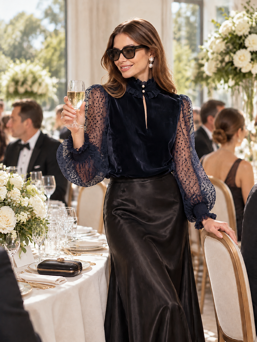 The After-Dark Romance Midnight Navy Velvet-Look And Polka-Dot Mesh Ruffle-Collar Top